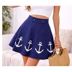Hot Topic Pin Up Nautical Sailor Anchor Skirt w/ anchor buttons Blue‎ Women Med